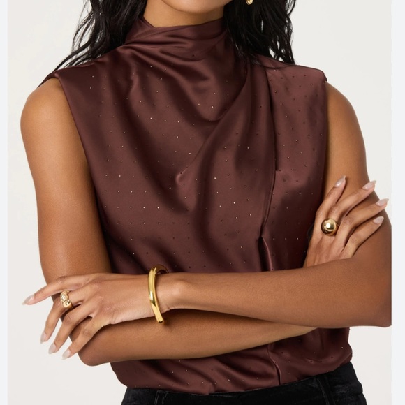 Astr Tops - ASTR the Label Inaya Satin Rhinestone Embellished Top Brown Large NWT NEW